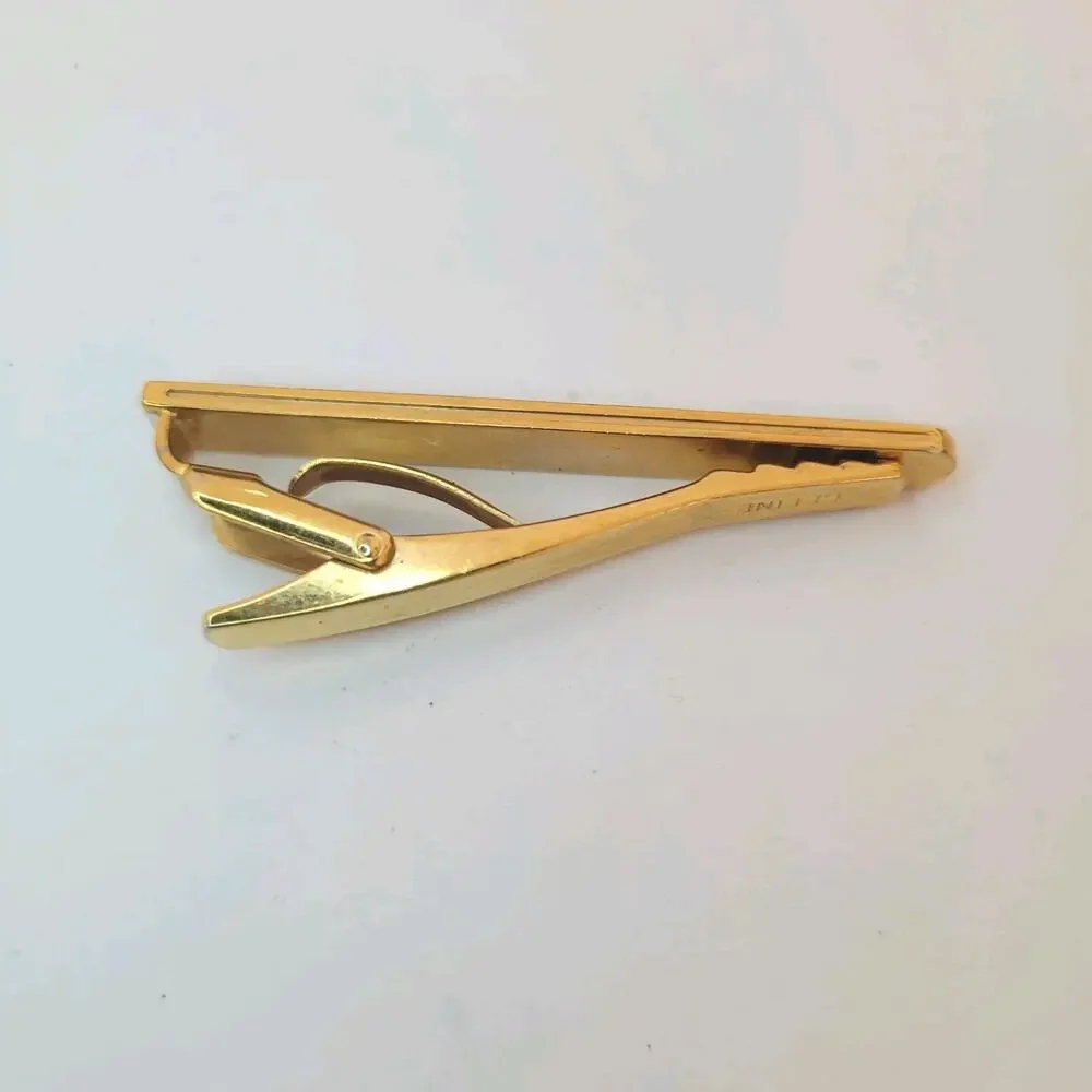 Celine Triumph Tie Bar Clip Clasp Gold Silver Tone 2in Logo Vintage Stripped - Picture 2 of 7